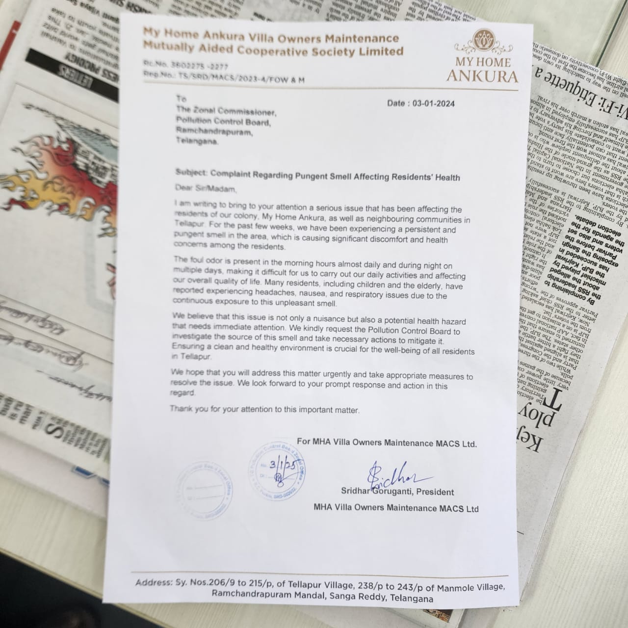 Formal complaint letter to the Zonal Commissioner, Pollution Control Board, Ramchandrapuram regarding a persistent pungent smell affecting residents' health