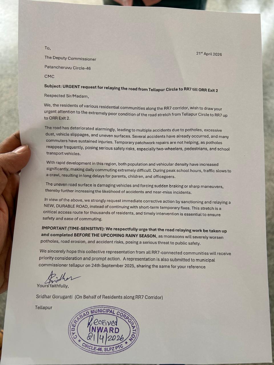 Written representation to the Deputy Commissioner, Patancheruvu Circle-46 requesting relaying of the Tellapur Circle to RR7 road, bearing a received-inward stamp dated 21 April 2026